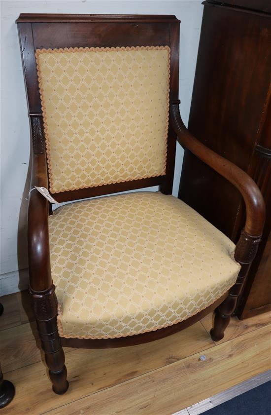 An early 19th century French mahogany elbow chair
